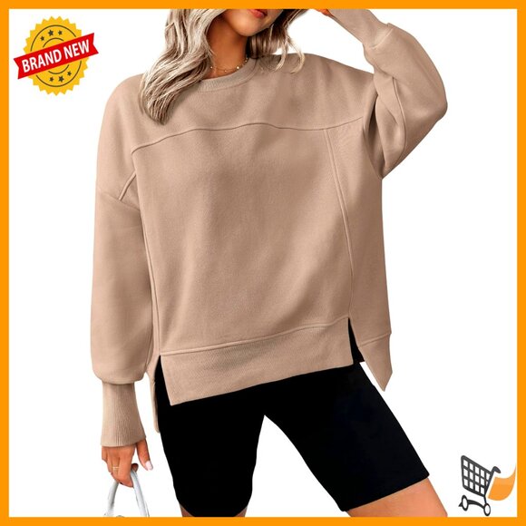 Oversized Crewneck Sweatshirt Long Sleeve Side Slit Fleece Pullover Chic Casual